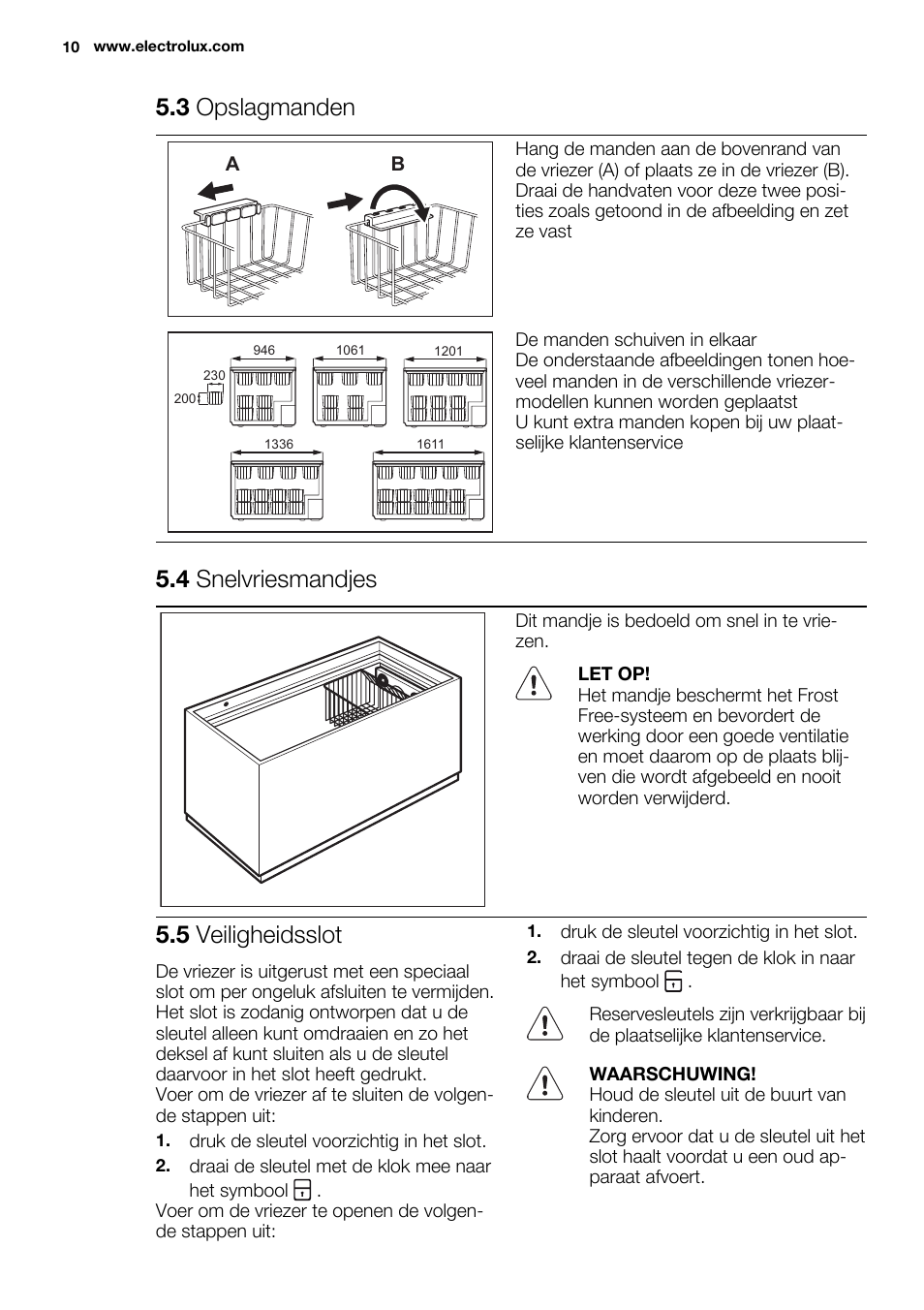 3 opslagmanden, 4 snelvriesmandjes, 5 veiligheidsslot | Electrolux EC3340AOW User Manual | Page 10 / 92