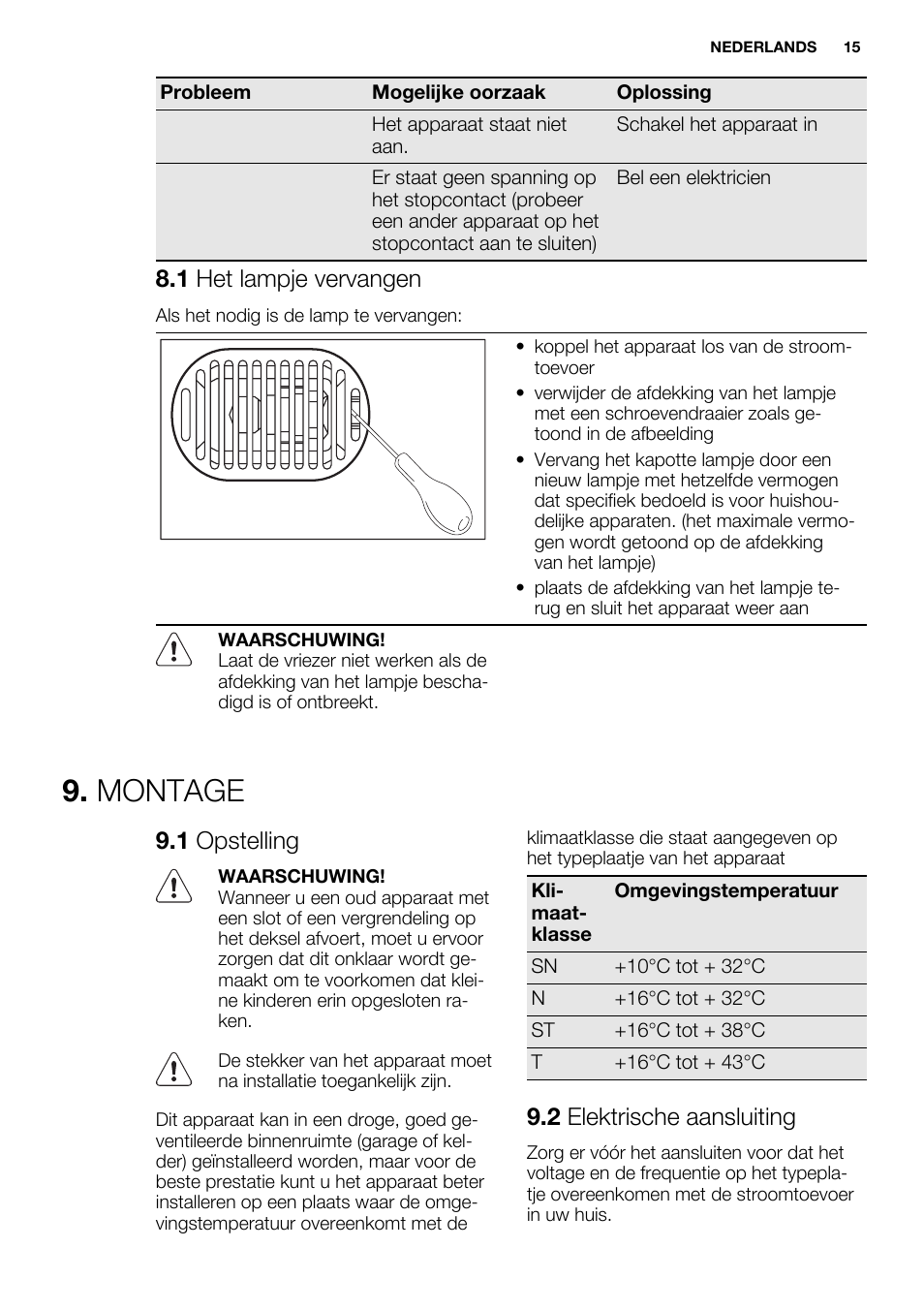 Montage, 1 het lampje vervangen, 1 opstelling | 2 elektrische aansluiting | Electrolux EC3340AOW User Manual | Page 15 / 92