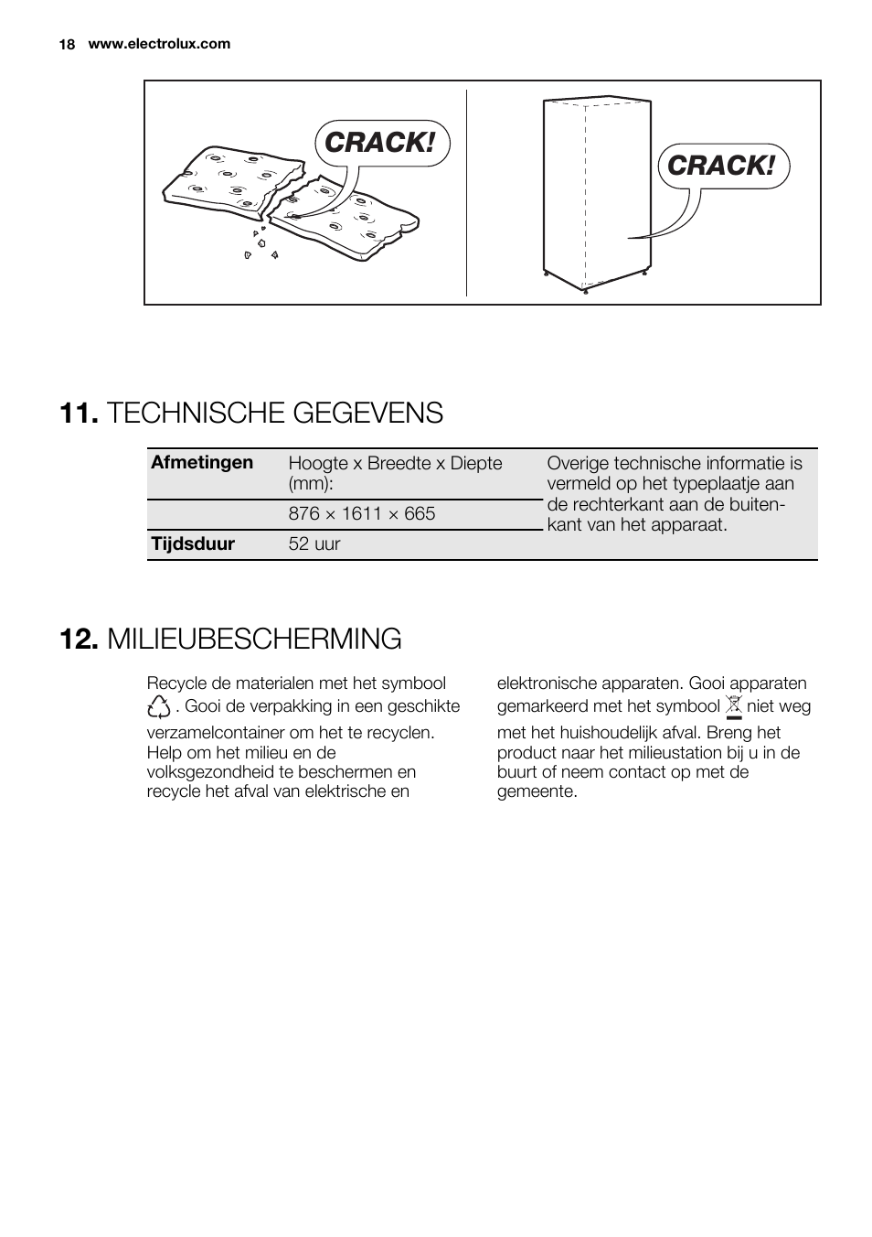 Technische gegevens, Milieubescherming, Crack | Electrolux EC3340AOW User Manual | Page 18 / 92