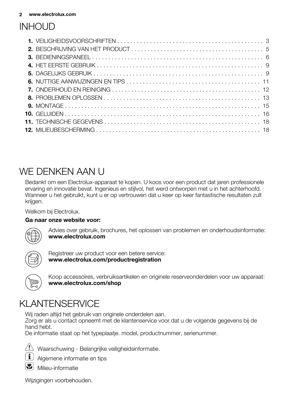 Inhoud, We denken aan u, Klantenservice | Electrolux EC3340AOW User Manual | Page 2 / 92