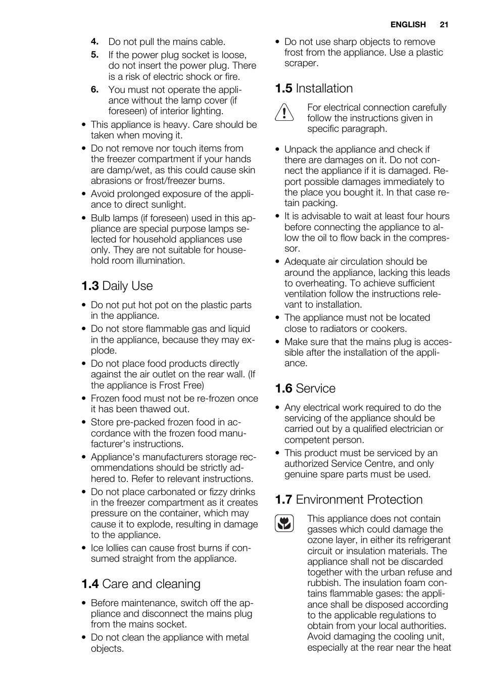 3 daily use, 4 care and cleaning, 5 installation | 6 service, 7 environment protection | Electrolux EC3340AOW User Manual | Page 21 / 92