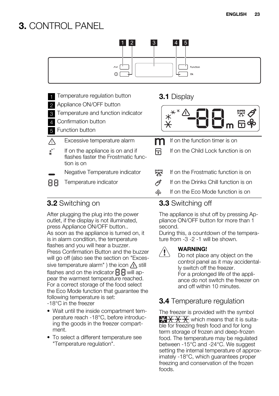 Control panel, 1 display, 2 switching on | 3 switching off, 4 temperature regulation | Electrolux EC3340AOW User Manual | Page 23 / 92