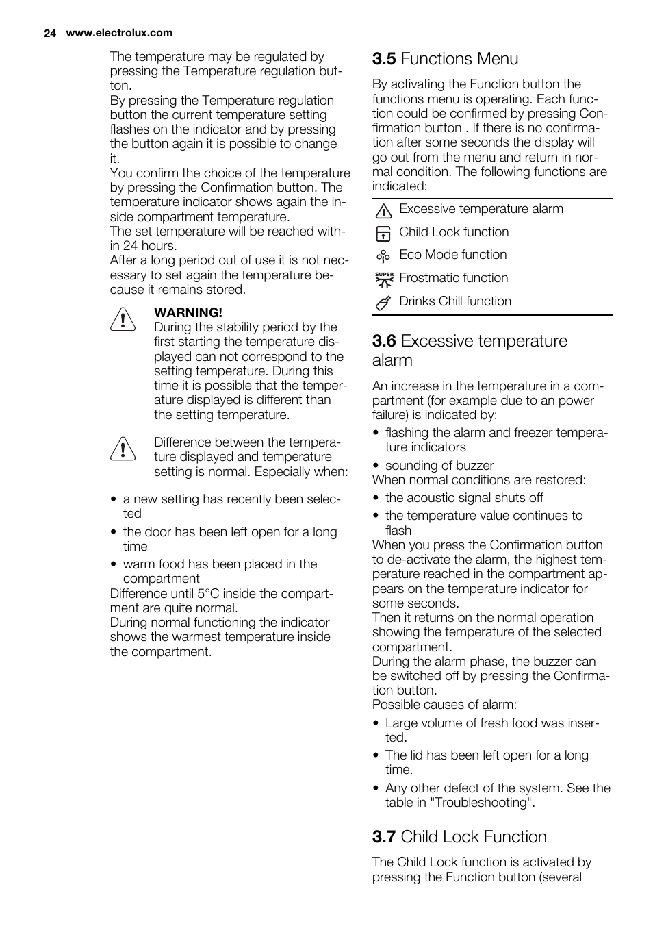 5 functions menu, 6 excessive temperature alarm, 7 child lock function | Electrolux EC3340AOW User Manual | Page 24 / 92