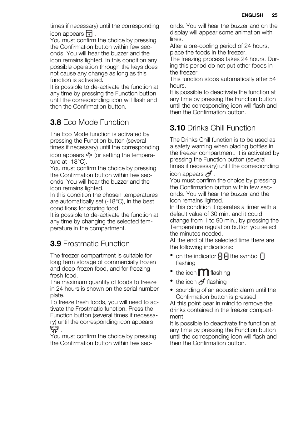 8 eco mode function, 9 frostmatic function, 10 drinks chill function | Electrolux EC3340AOW User Manual | Page 25 / 92