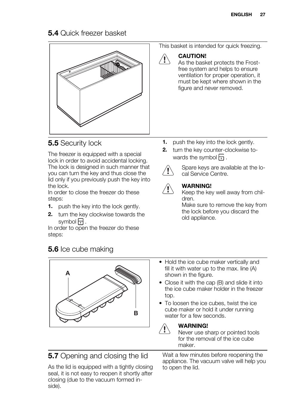 4 quick freezer basket, 5 security lock, 6 ice cube making | 7 opening and closing the lid | Electrolux EC3340AOW User Manual | Page 27 / 92