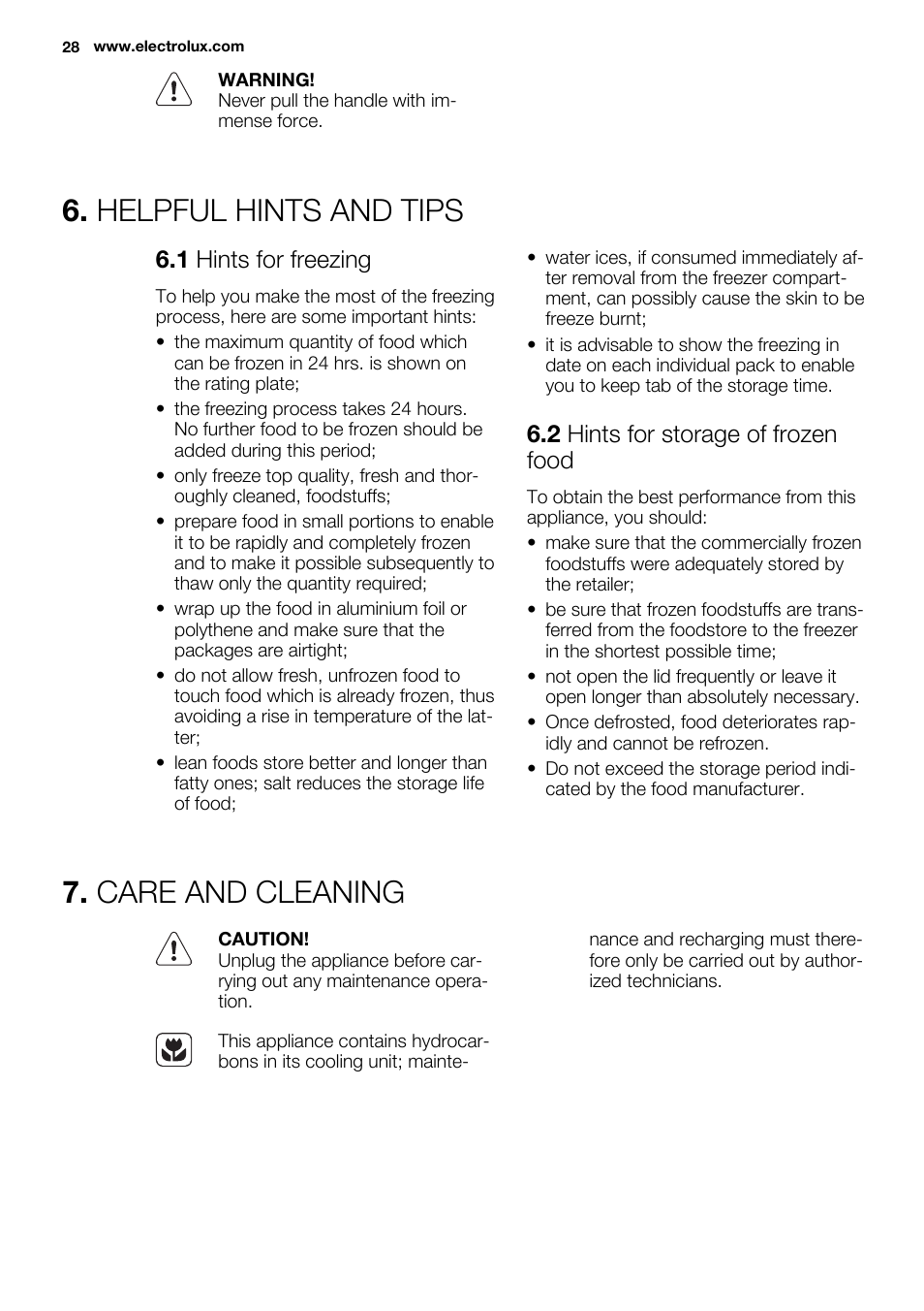 Helpful hints and tips, Care and cleaning, 1 hints for freezing | 2 hints for storage of frozen food | Electrolux EC3340AOW User Manual | Page 28 / 92