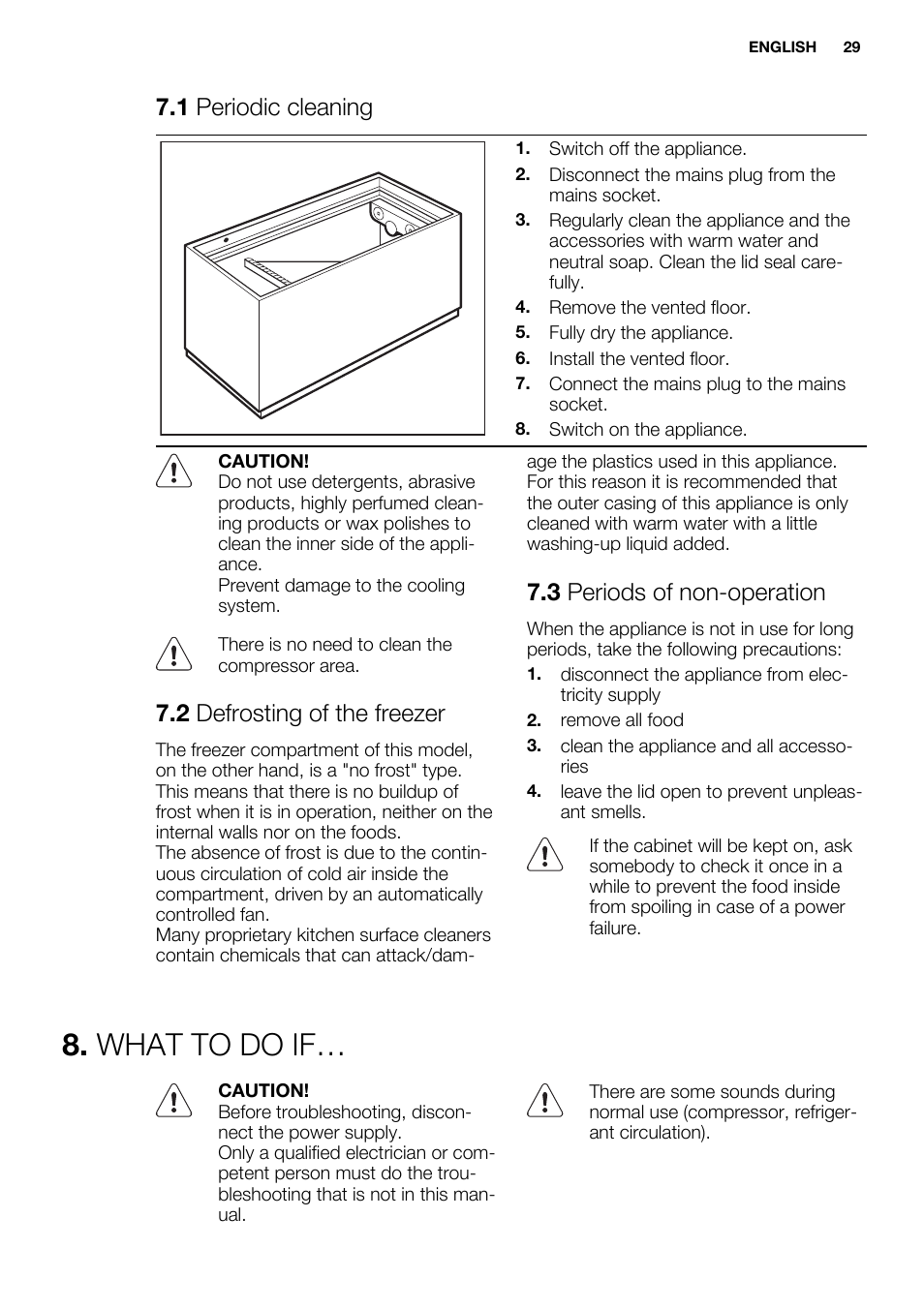 What to do if, 1 periodic cleaning, 2 defrosting of the freezer | 3 periods of non-operation | Electrolux EC3340AOW User Manual | Page 29 / 92