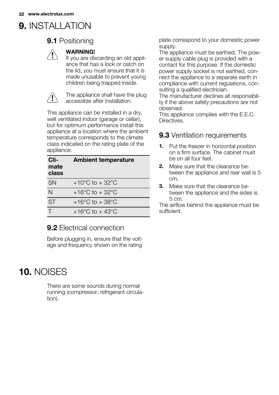 Installation, Noises, 1 positioning | 2 electrical connection, 3 ventilation requirements | Electrolux EC3340AOW User Manual | Page 32 / 92