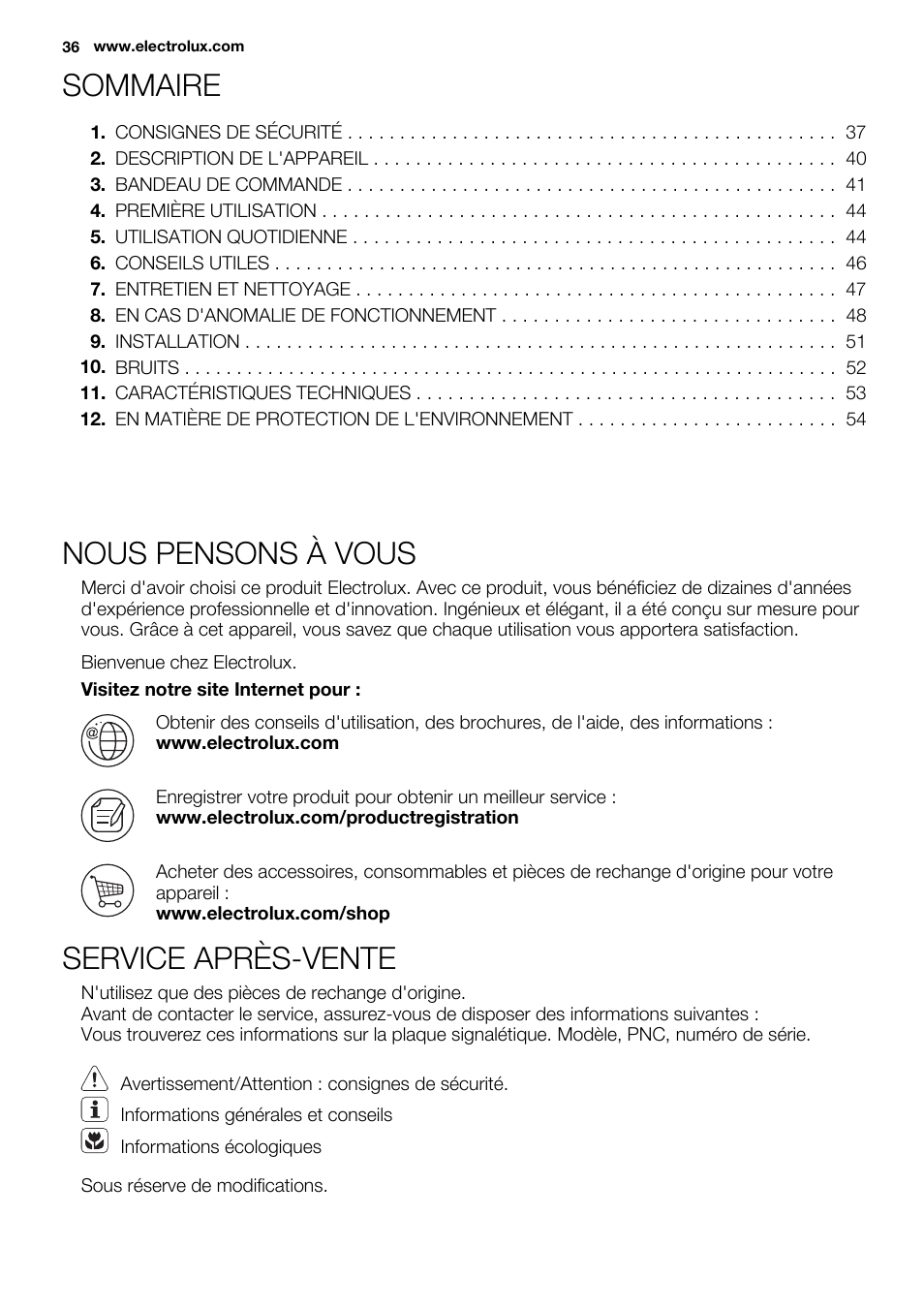 Sommaire, Nous pensons à vous, Service après-vente | Electrolux EC3340AOW User Manual | Page 36 / 92