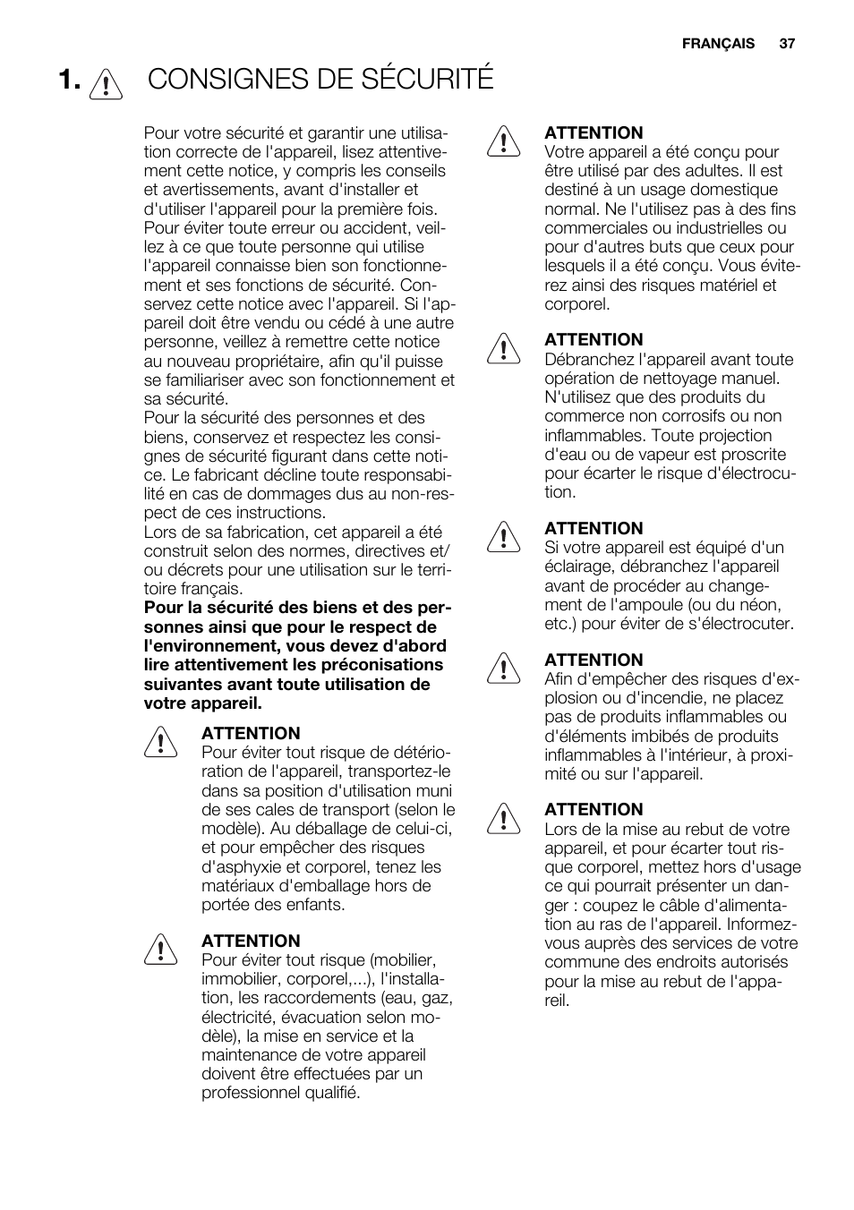 Consignes de sécurité | Electrolux EC3340AOW User Manual | Page 37 / 92