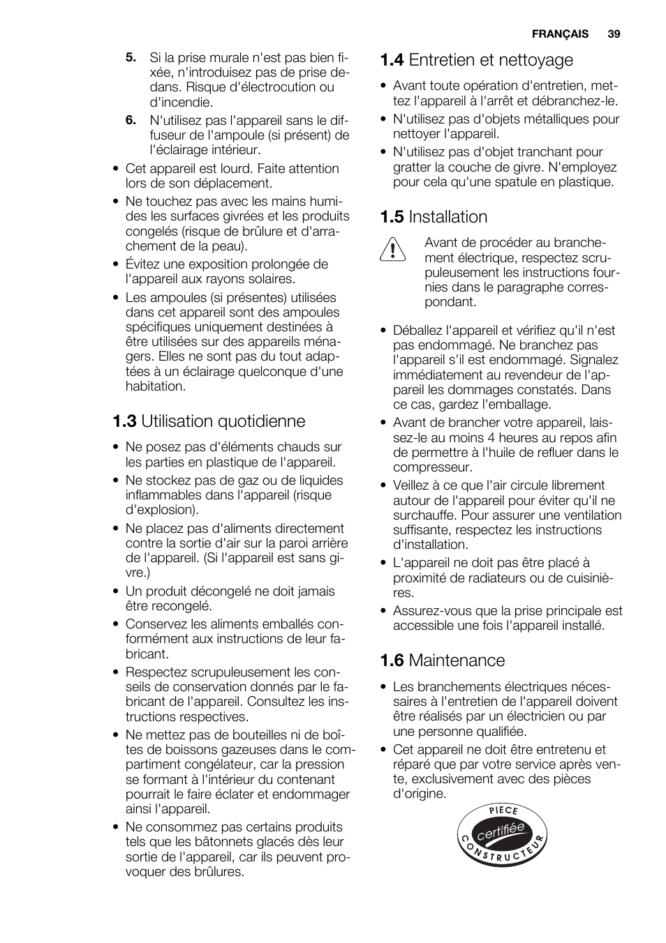 3 utilisation quotidienne, 4 entretien et nettoyage, 5 installation | 6 maintenance | Electrolux EC3340AOW User Manual | Page 39 / 92