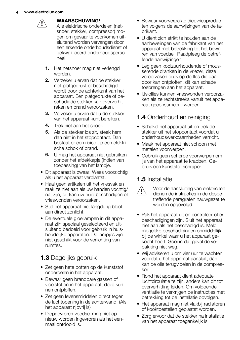 3 dagelijks gebruik, 4 onderhoud en reiniging, 5 installatie | Electrolux EC3340AOW User Manual | Page 4 / 92