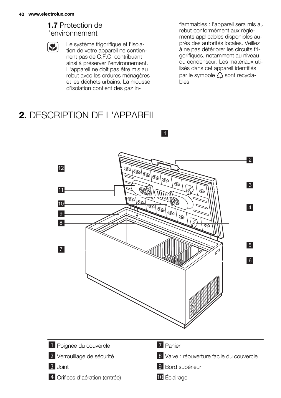 Description de l'appareil, 7 protection de l'environnement | Electrolux EC3340AOW User Manual | Page 40 / 92