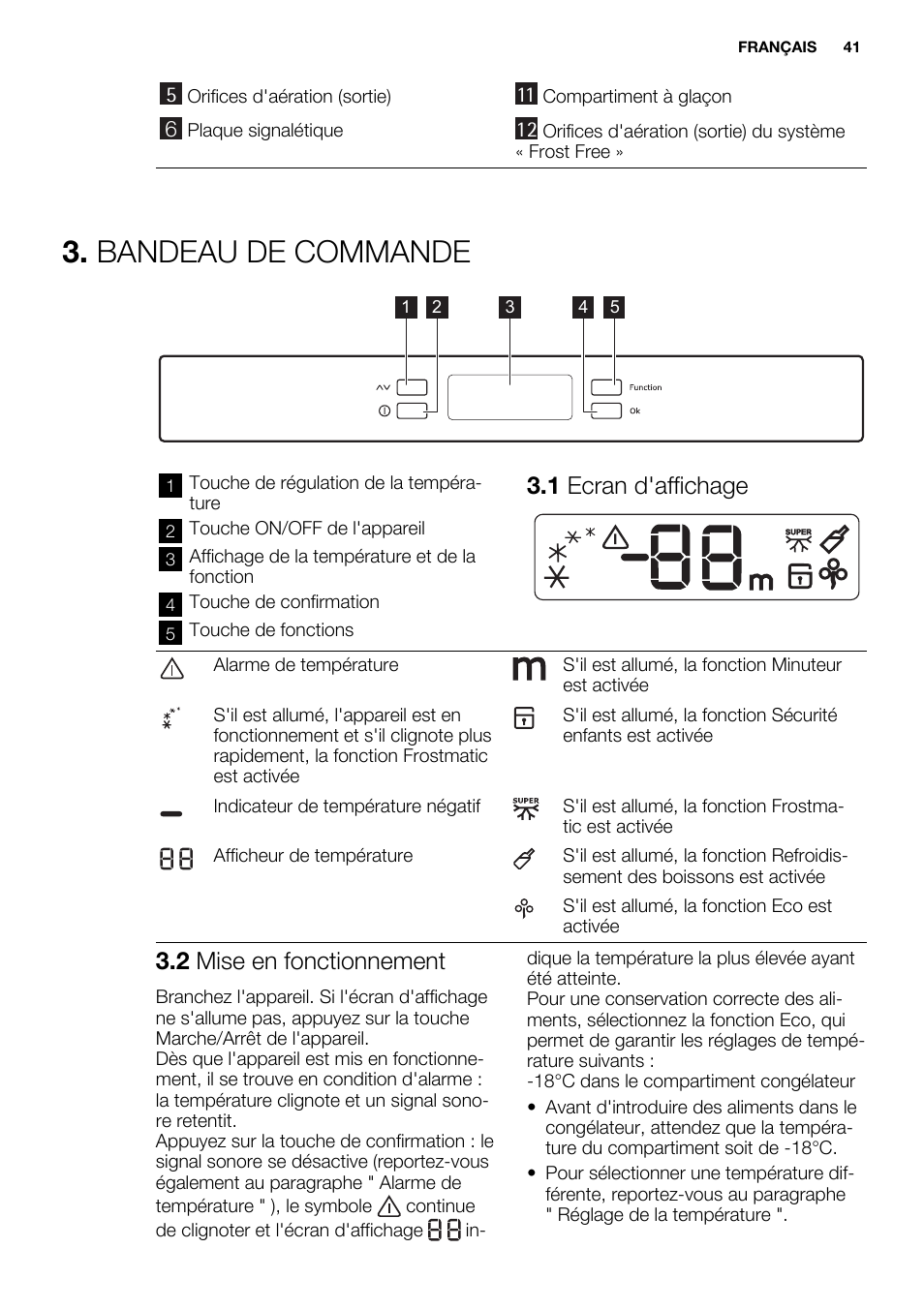 Bandeau de commande, 1 ecran d'affichage, 2 mise en fonctionnement | Electrolux EC3340AOW User Manual | Page 41 / 92