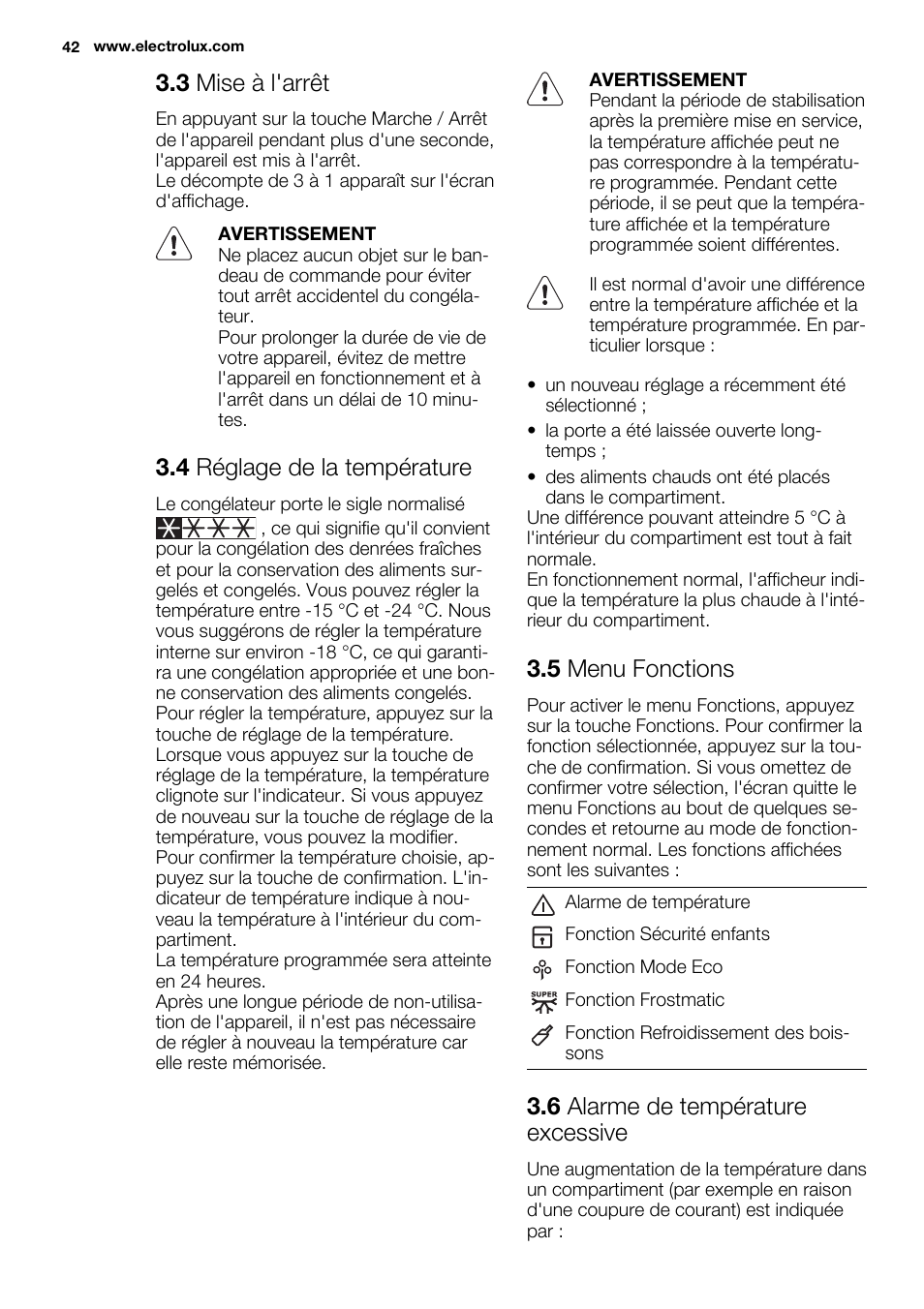 3 mise à l'arrêt, 4 réglage de la température, 5 menu fonctions | 6 alarme de température excessive | Electrolux EC3340AOW User Manual | Page 42 / 92