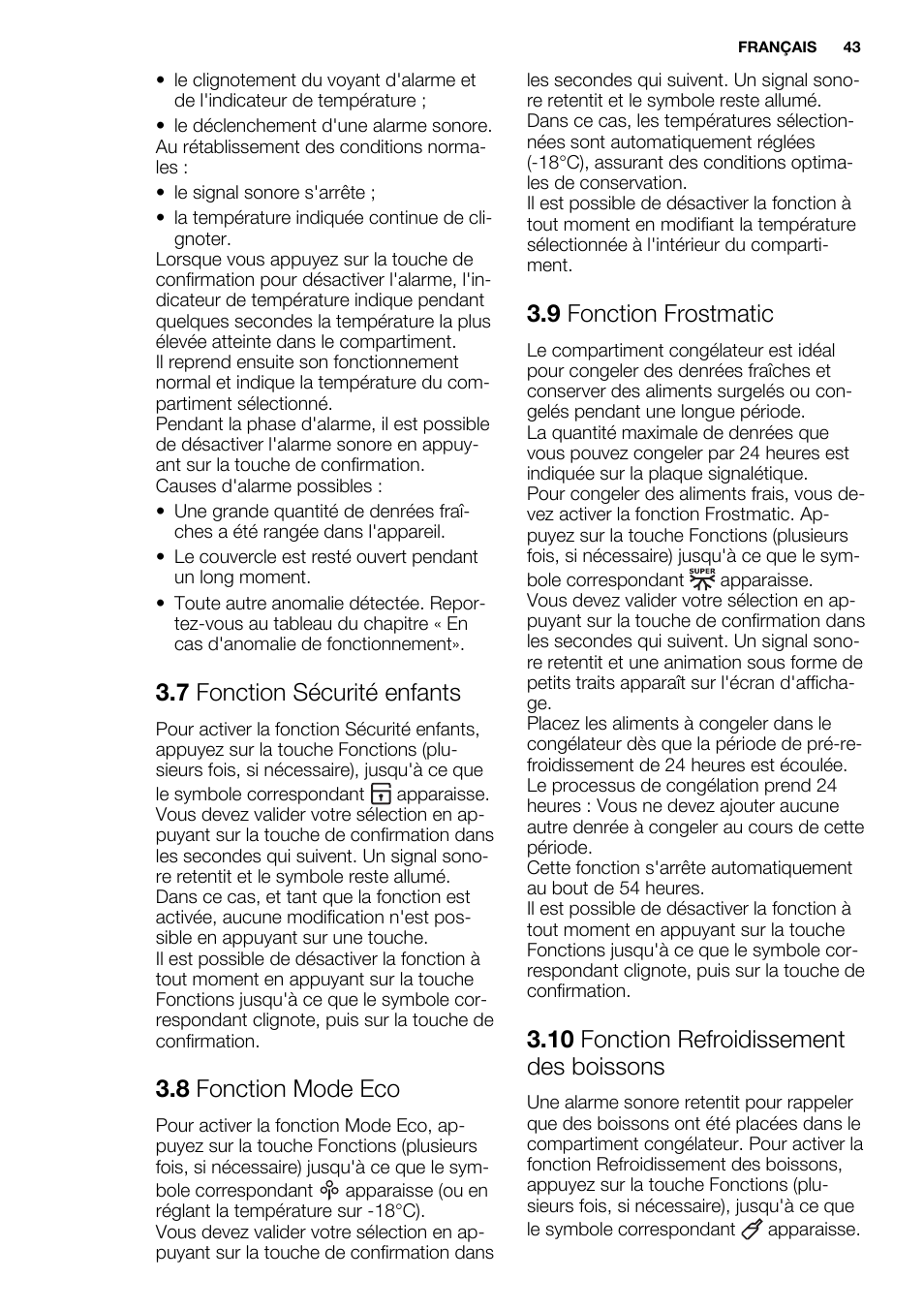 7 fonction sécurité enfants, 8 fonction mode eco, 9 fonction frostmatic | 10 fonction refroidissement des boissons | Electrolux EC3340AOW User Manual | Page 43 / 92