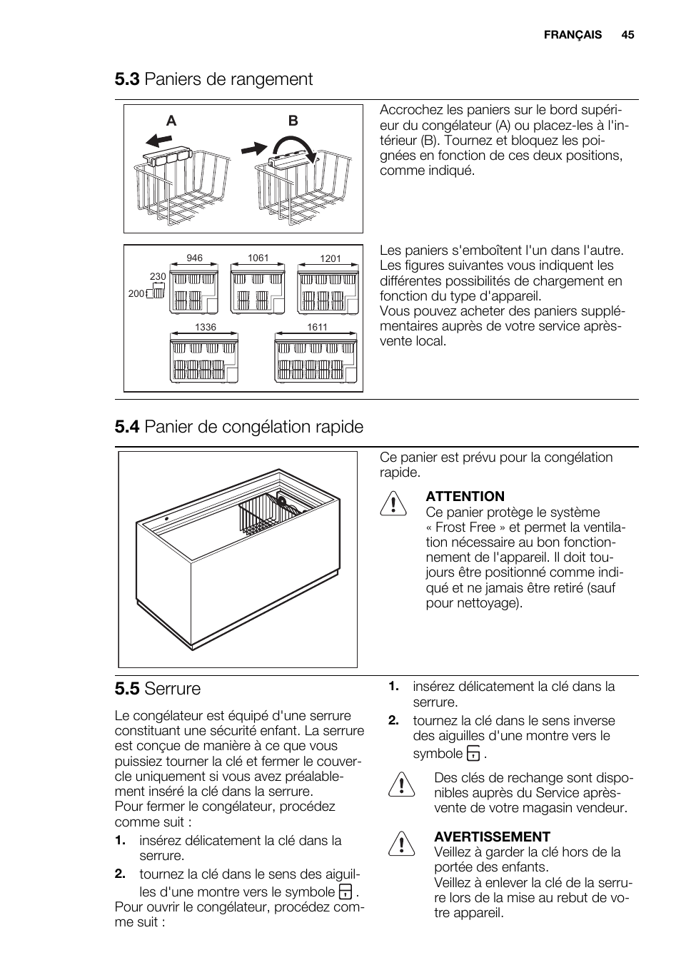 3 paniers de rangement, 4 panier de congélation rapide, 5 serrure | Electrolux EC3340AOW User Manual | Page 45 / 92