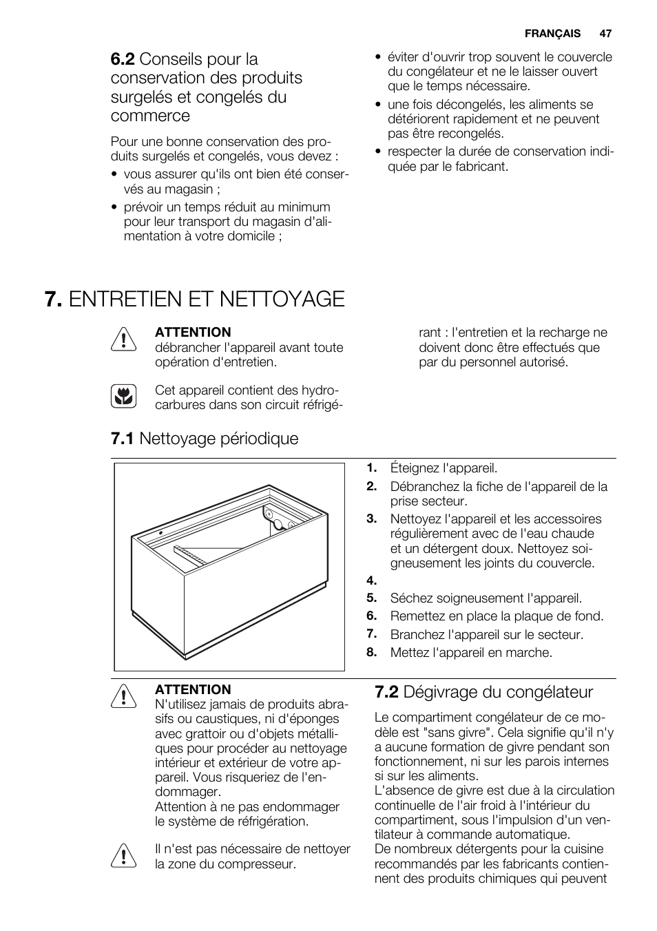 Entretien et nettoyage, 1 nettoyage périodique, 2 dégivrage du congélateur | Electrolux EC3340AOW User Manual | Page 47 / 92