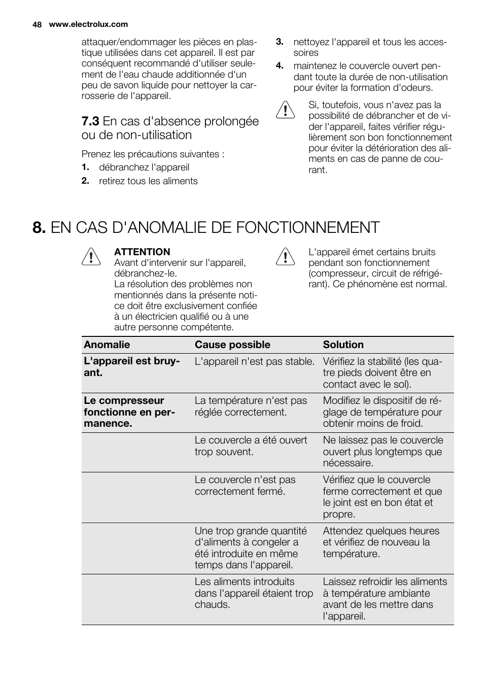 En cas d'anomalie de fonctionnement, 3 en cas d'absence prolongée ou de non-utilisation | Electrolux EC3340AOW User Manual | Page 48 / 92