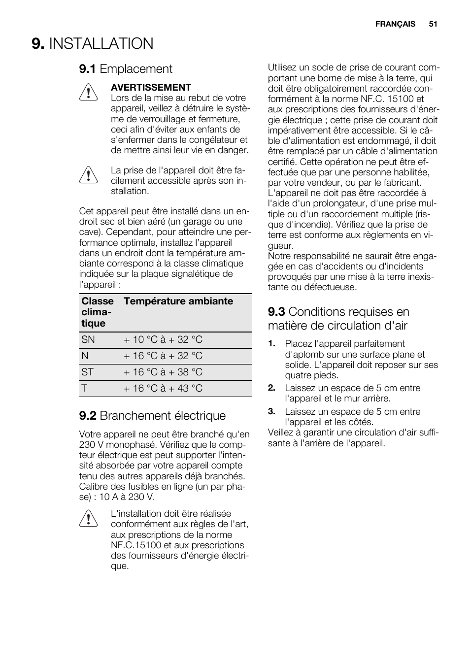 Installation, 1 emplacement, 2 branchement électrique | Electrolux EC3340AOW User Manual | Page 51 / 92