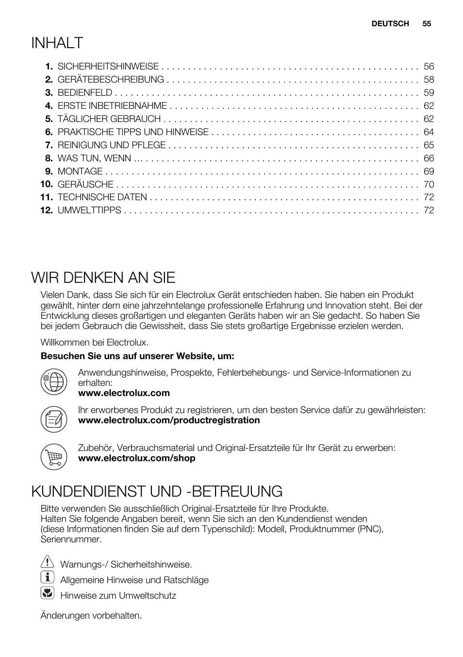 Inhalt, Wir denken an sie, Kundendienst und -betreuung | Electrolux EC3340AOW User Manual | Page 55 / 92