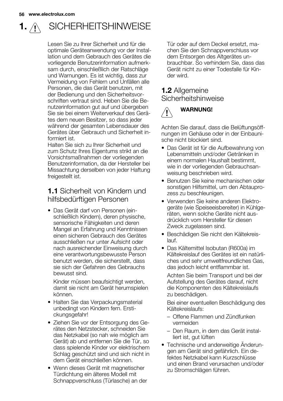 Sicherheitshinweise, 2 allgemeine sicherheitshinweise | Electrolux EC3340AOW User Manual | Page 56 / 92