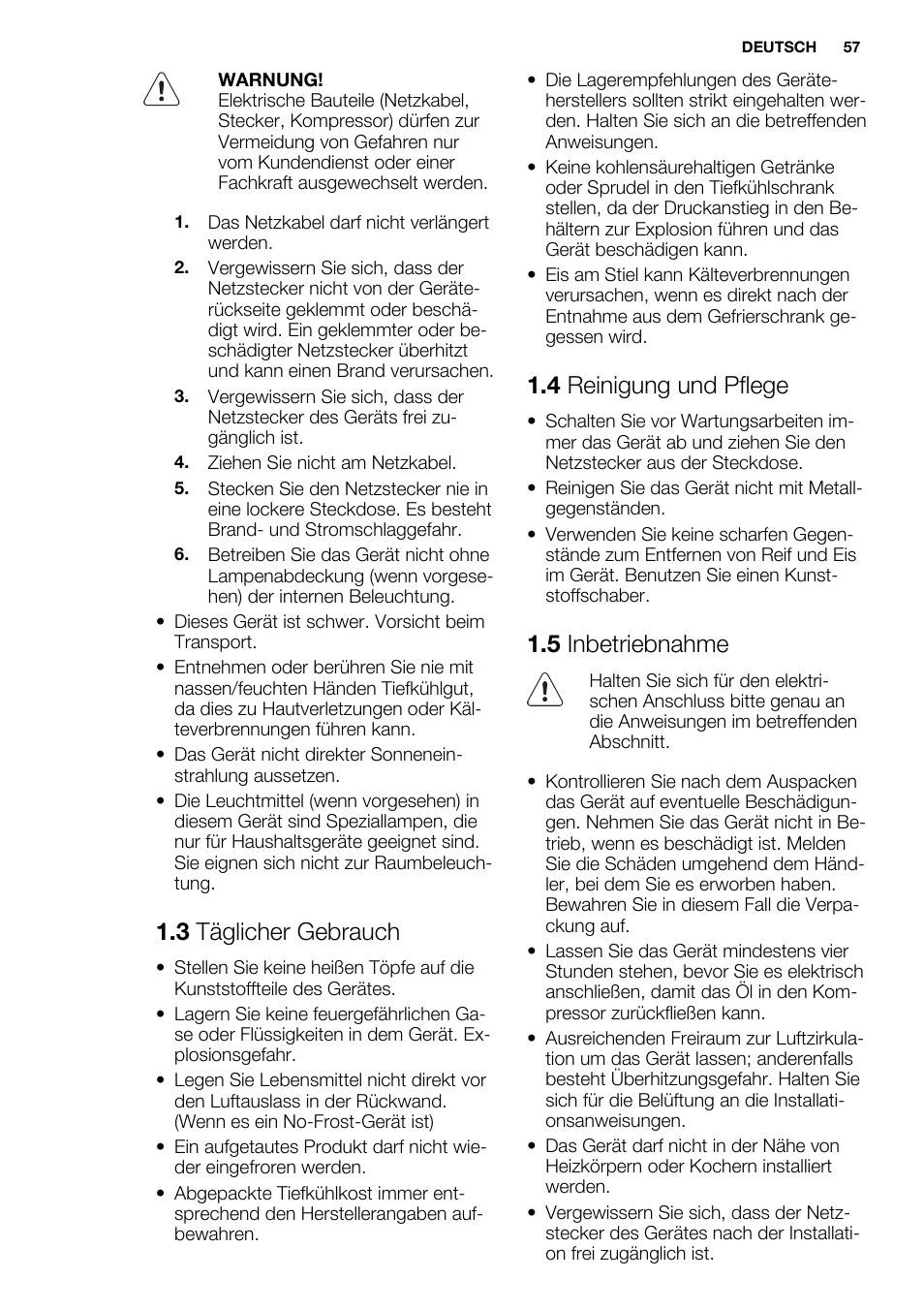 3 täglicher gebrauch, 4 reinigung und pflege, 5 inbetriebnahme | Electrolux EC3340AOW User Manual | Page 57 / 92