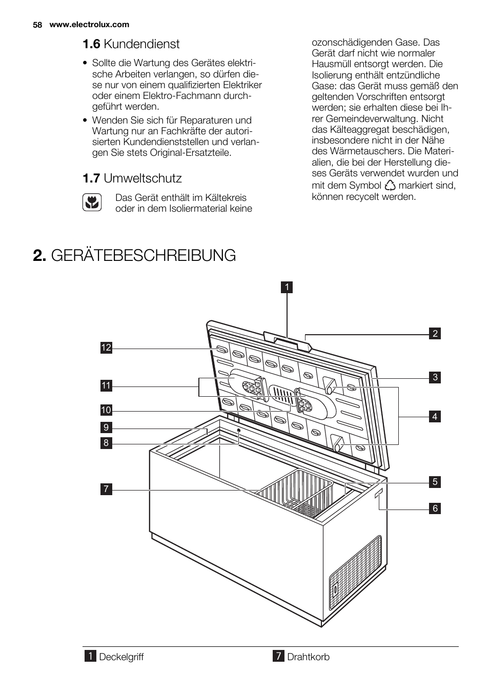 Gerätebeschreibung, 6 kundendienst, 7 umweltschutz | Electrolux EC3340AOW User Manual | Page 58 / 92
