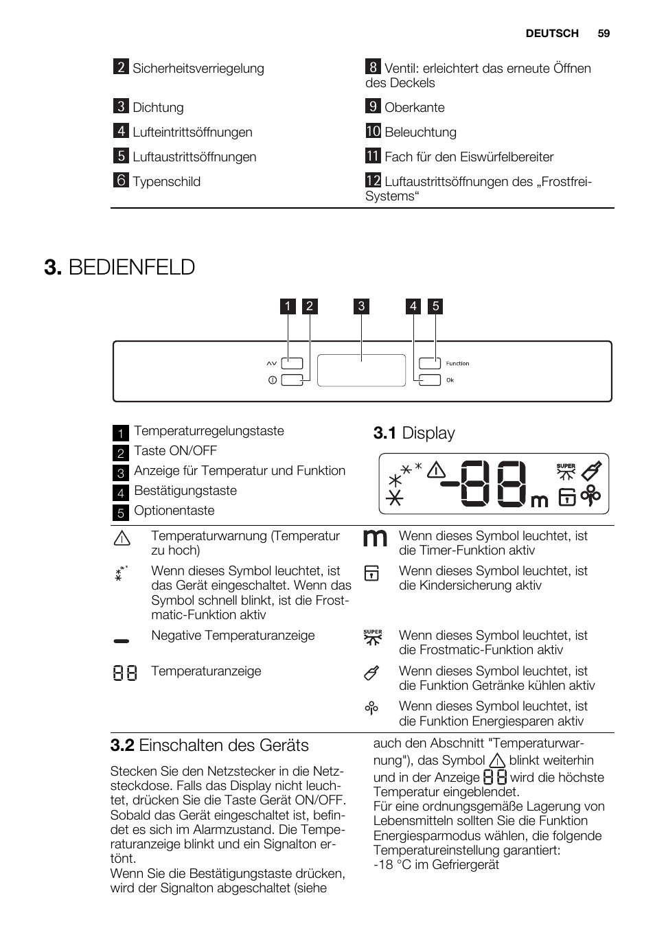 Bedienfeld, 1 display, 2 einschalten des geräts | Electrolux EC3340AOW User Manual | Page 59 / 92