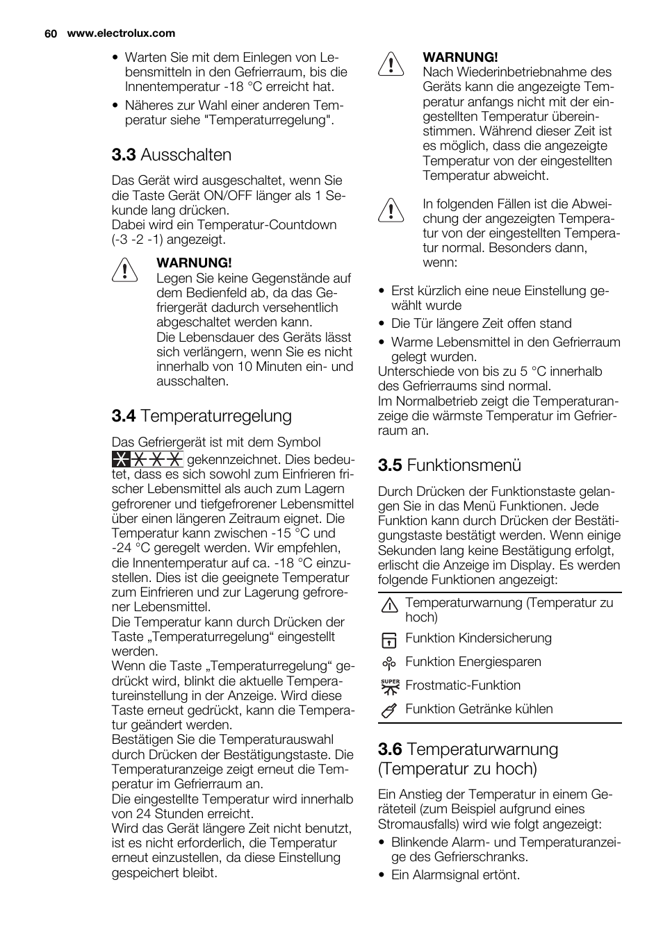 3 ausschalten, 4 temperaturregelung, 5 funktionsmenü | 6 temperaturwarnung (temperatur zu hoch) | Electrolux EC3340AOW User Manual | Page 60 / 92