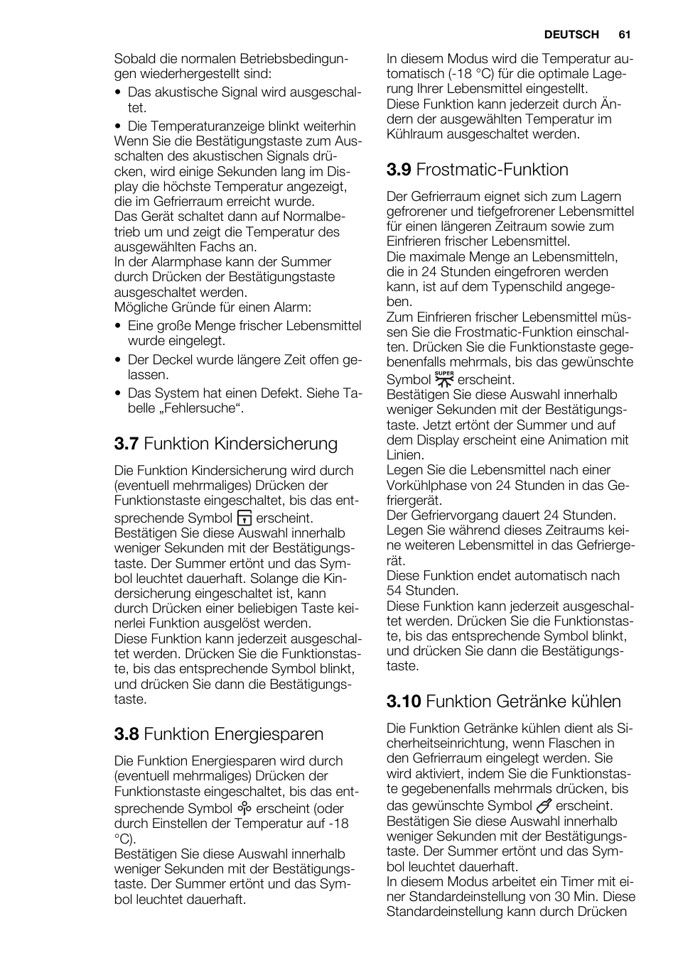 7 funktion kindersicherung, 8 funktion energiesparen, 9 frostmatic-funktion | 10 funktion getränke kühlen | Electrolux EC3340AOW User Manual | Page 61 / 92