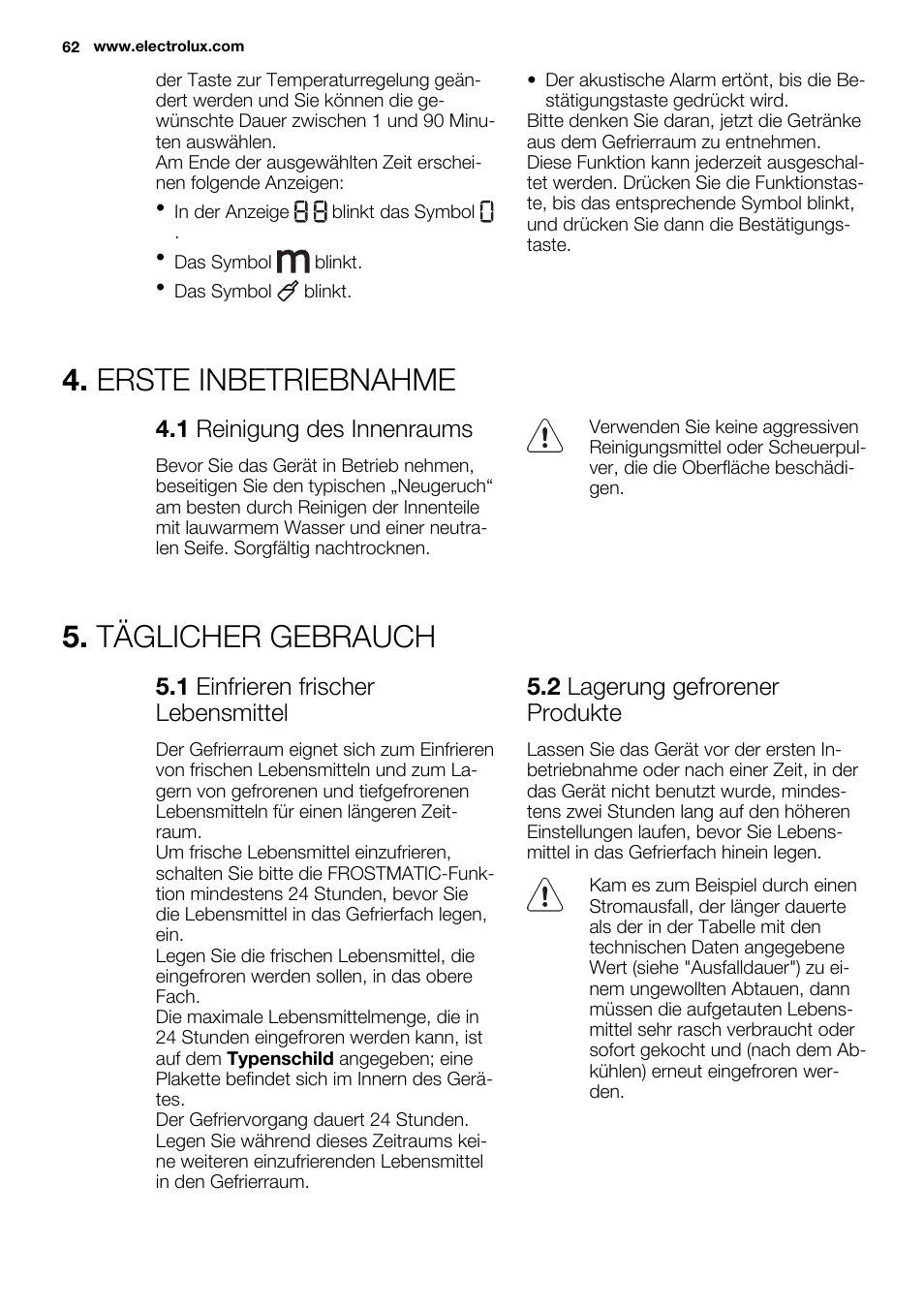 Erste inbetriebnahme, Täglicher gebrauch | Electrolux EC3340AOW User Manual | Page 62 / 92