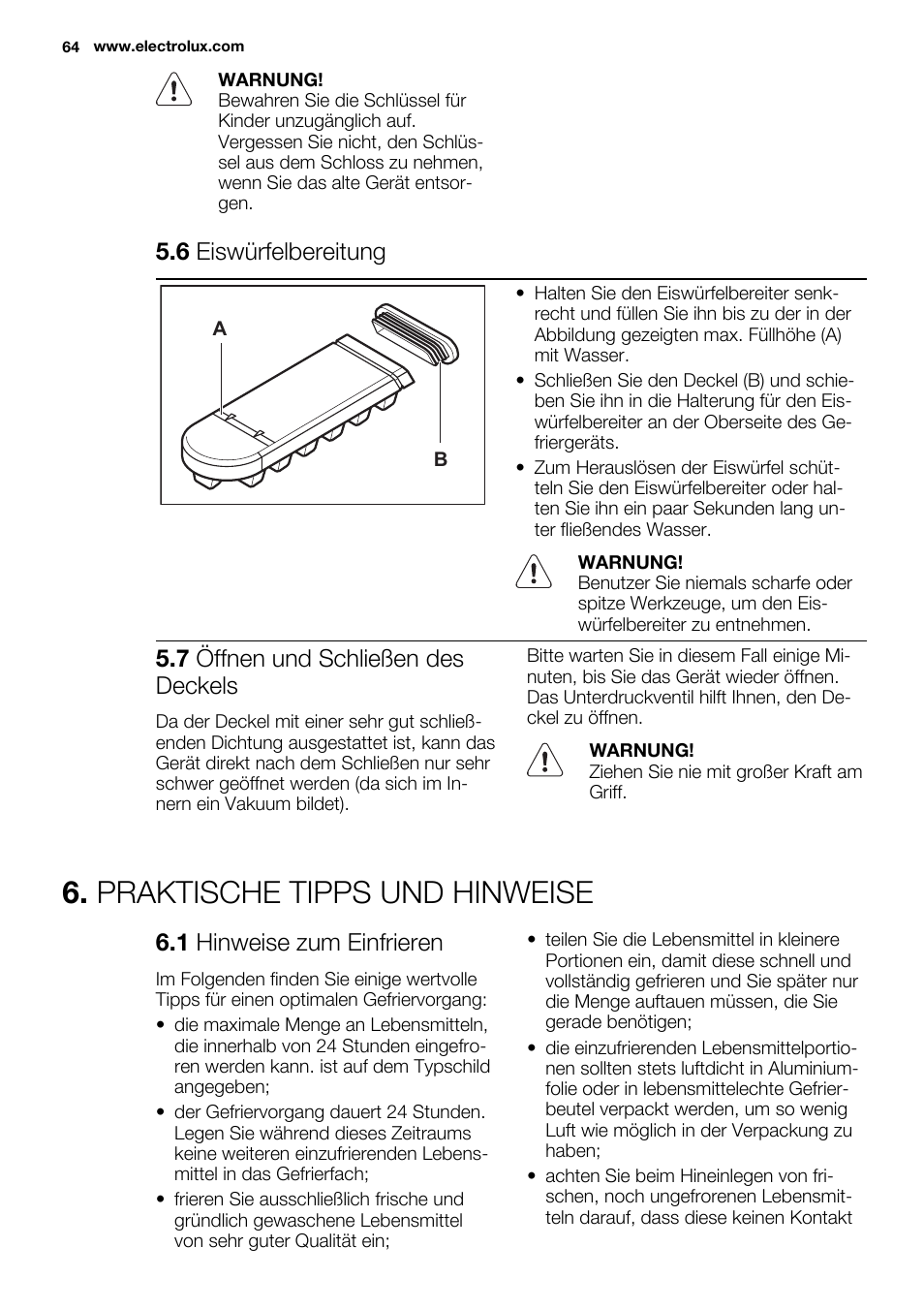 Praktische tipps und hinweise, 6 eiswürfelbereitung, 7 öffnen und schließen des deckels | 1 hinweise zum einfrieren | Electrolux EC3340AOW User Manual | Page 64 / 92