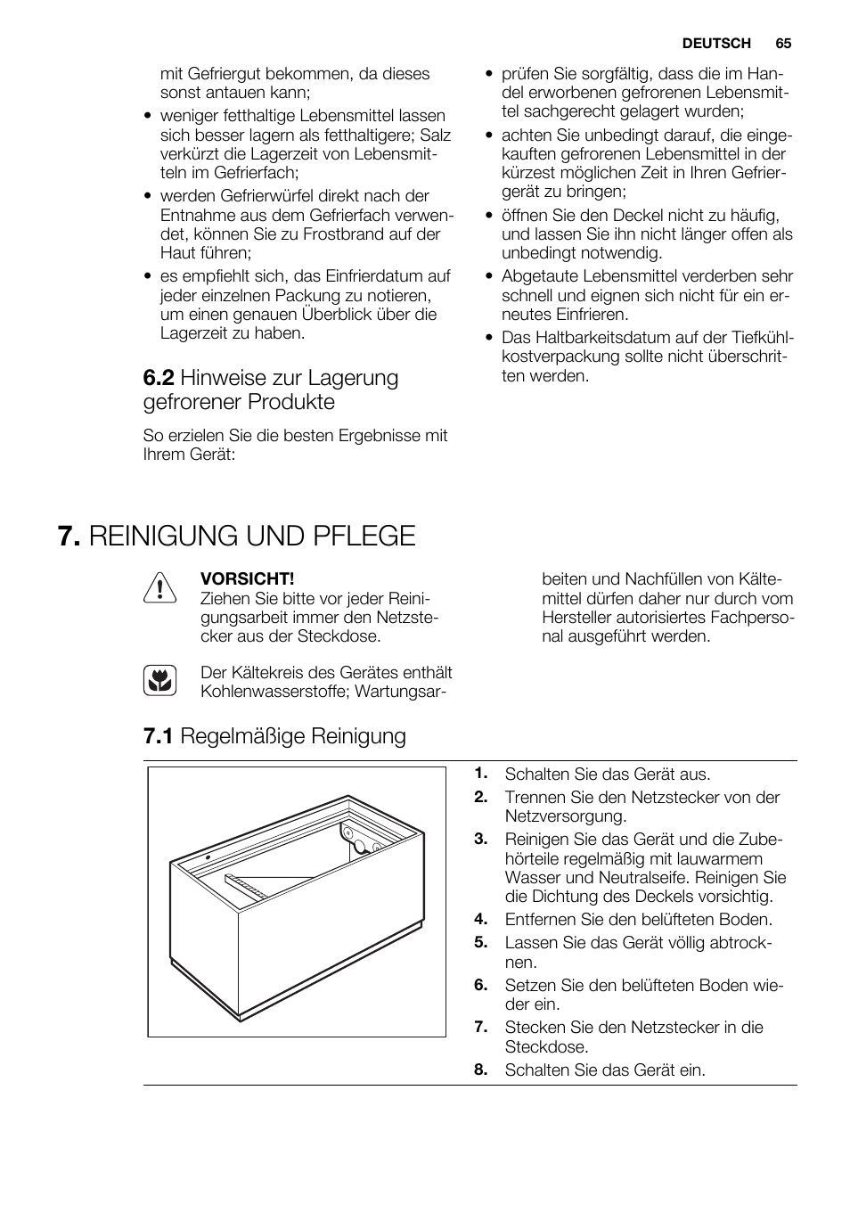 Reinigung und pflege, 2 hinweise zur lagerung gefrorener produkte, 1 regelmäßige reinigung | Electrolux EC3340AOW User Manual | Page 65 / 92