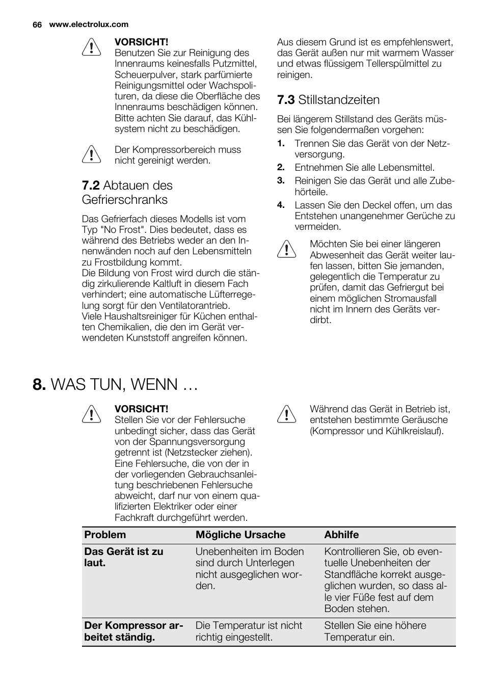 Was tun, wenn, 2 abtauen des gefrierschranks, 3 stillstandzeiten | Electrolux EC3340AOW User Manual | Page 66 / 92