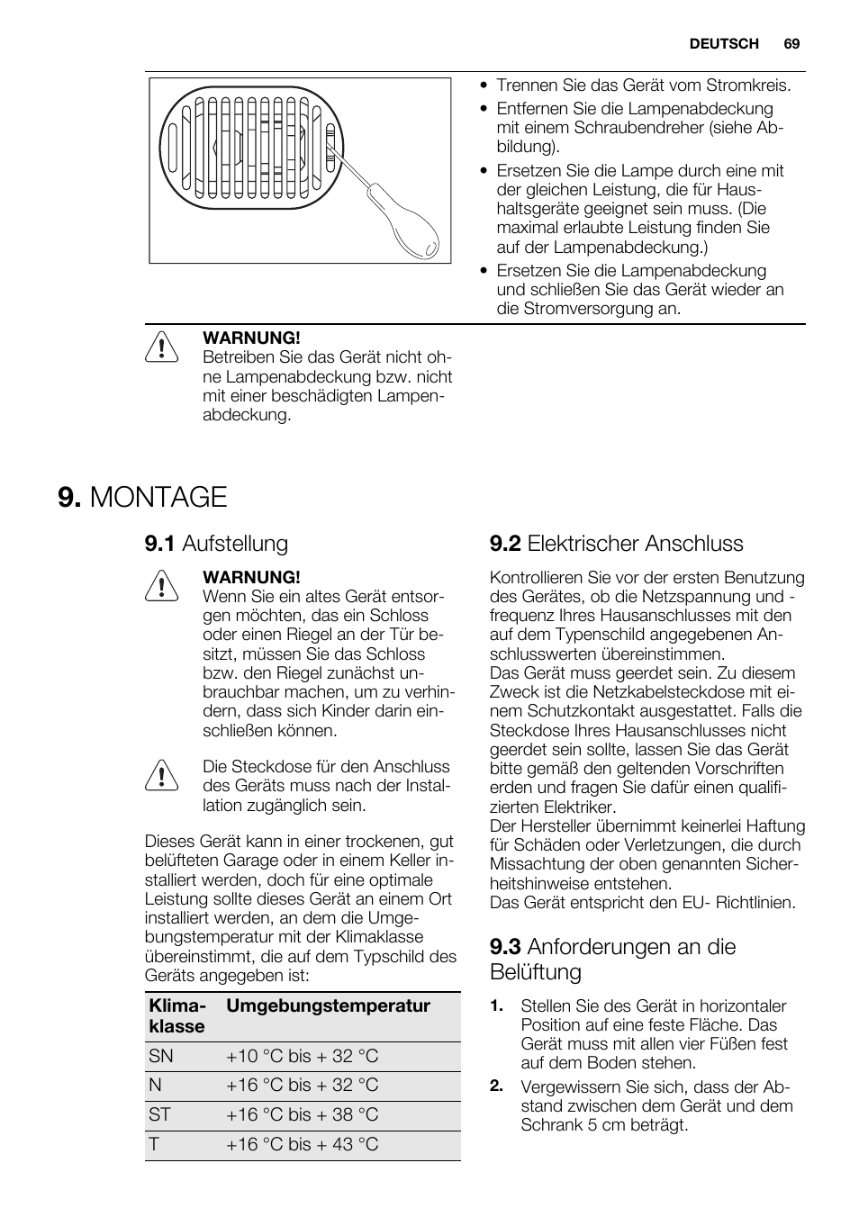 Montage, 1 aufstellung, 2 elektrischer anschluss | 3 anforderungen an die belüftung | Electrolux EC3340AOW User Manual | Page 69 / 92