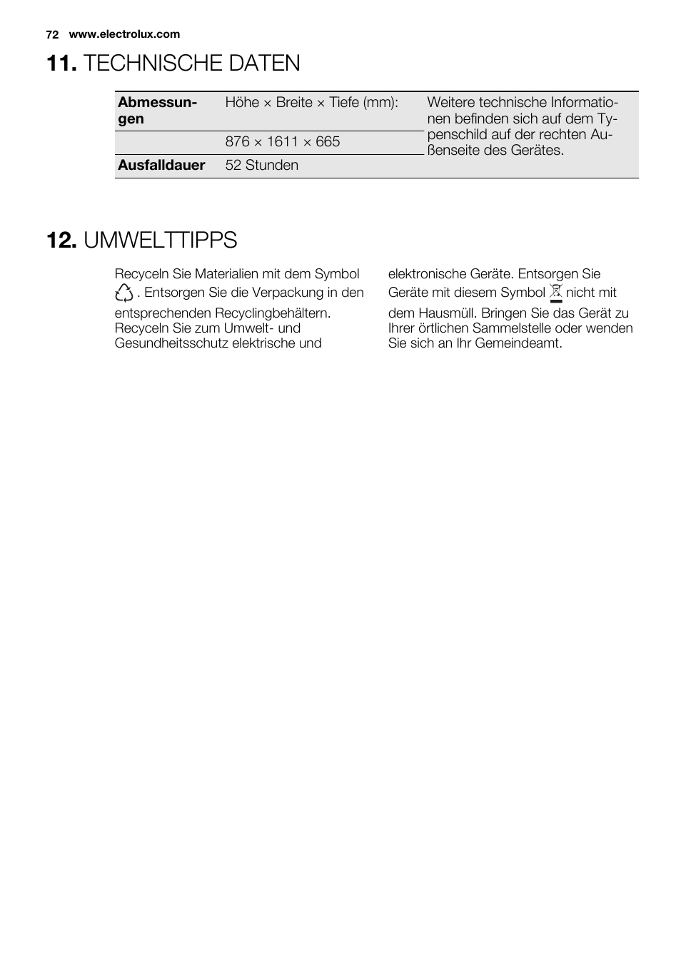 Technische daten, Umwelttipps | Electrolux EC3340AOW User Manual | Page 72 / 92