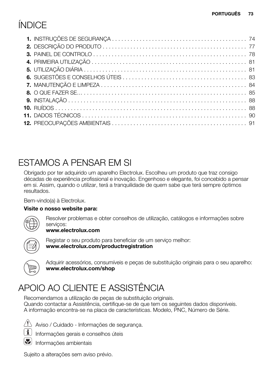 Índice, Estamos a pensar em si, Apoio ao cliente e assistência | Electrolux EC3340AOW User Manual | Page 73 / 92