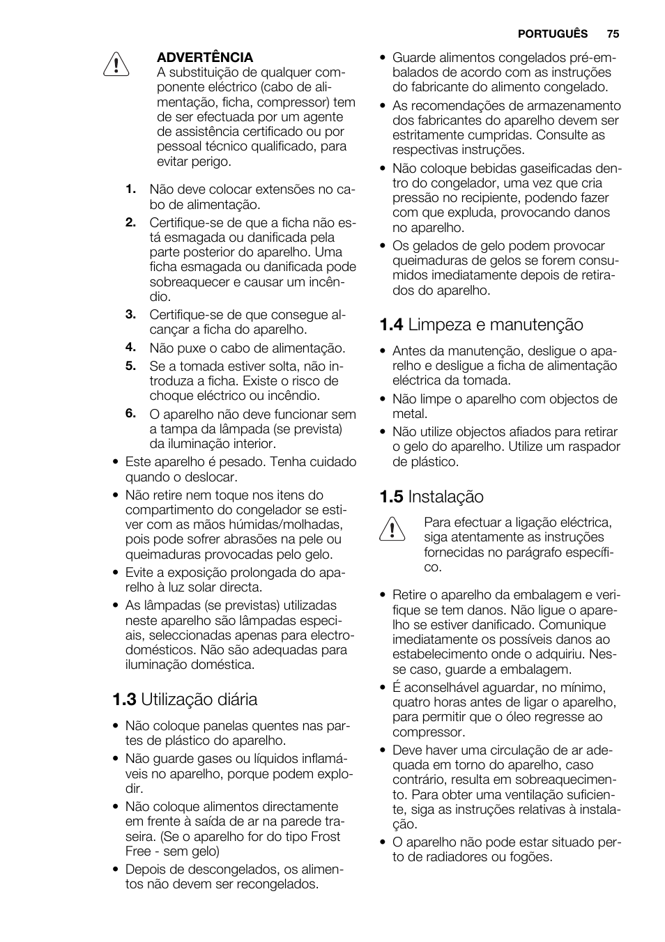 3 utilização diária, 4 limpeza e manutenção, 5 instalação | Electrolux EC3340AOW User Manual | Page 75 / 92