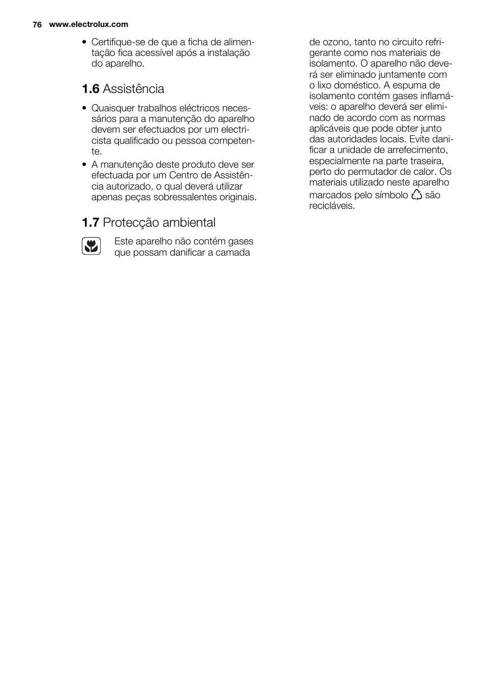 6 assistência, 7 protecção ambiental | Electrolux EC3340AOW User Manual | Page 76 / 92