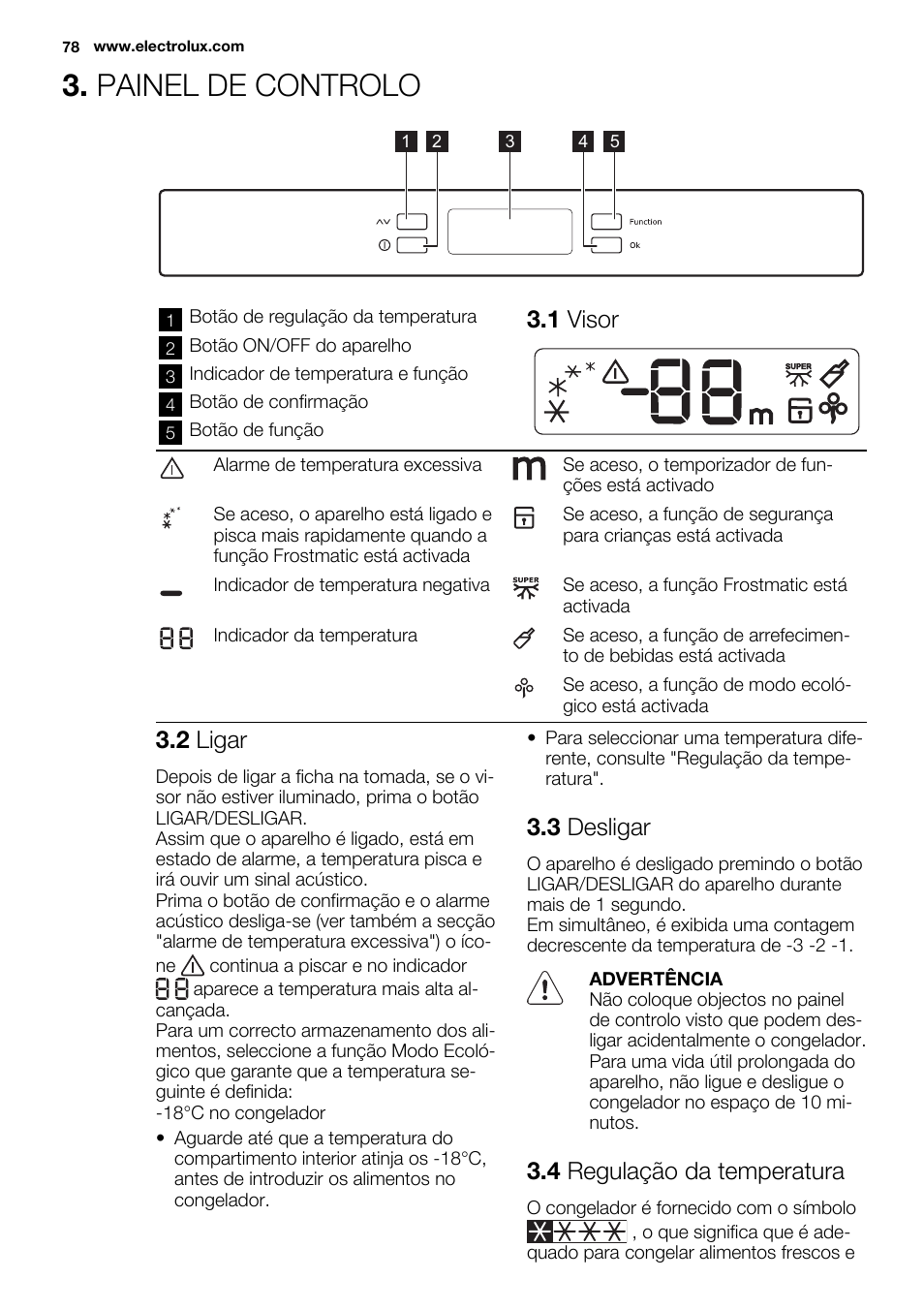 Painel de controlo, 1 visor, 2 ligar | 3 desligar, 4 regulação da temperatura | Electrolux EC3340AOW User Manual | Page 78 / 92