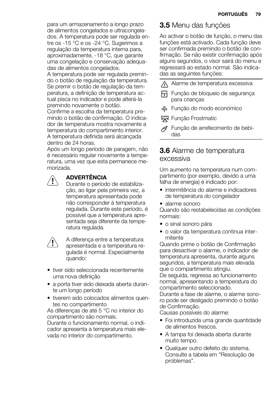 5 menu das funções, 6 alarme de temperatura excessiva | Electrolux EC3340AOW User Manual | Page 79 / 92