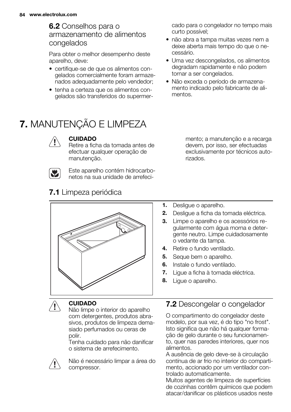 Manutenção e limpeza, 1 limpeza periódica, 2 descongelar o congelador | Electrolux EC3340AOW User Manual | Page 84 / 92