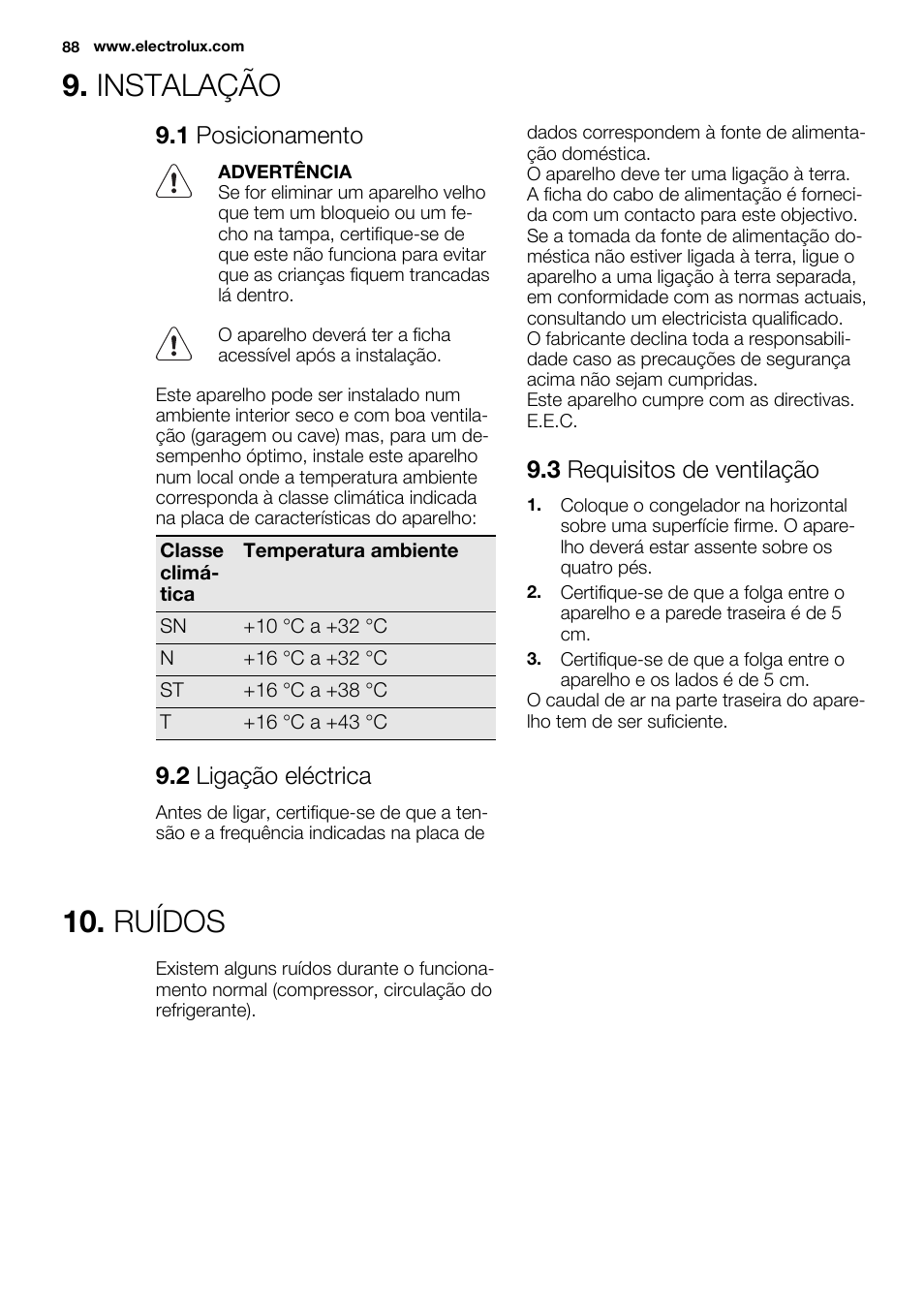 Instalação, Ruídos, 1 posicionamento | 2 ligação eléctrica, 3 requisitos de ventilação | Electrolux EC3340AOW User Manual | Page 88 / 92