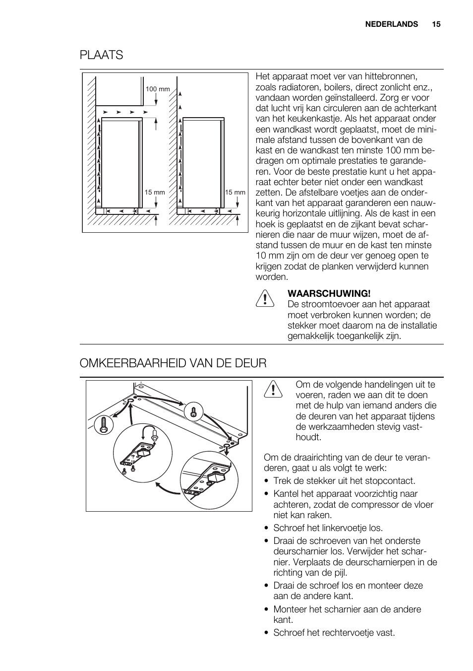 Plaats, Omkeerbaarheid van de deur | Electrolux ERT1606AOW User Manual | Page 15 / 80