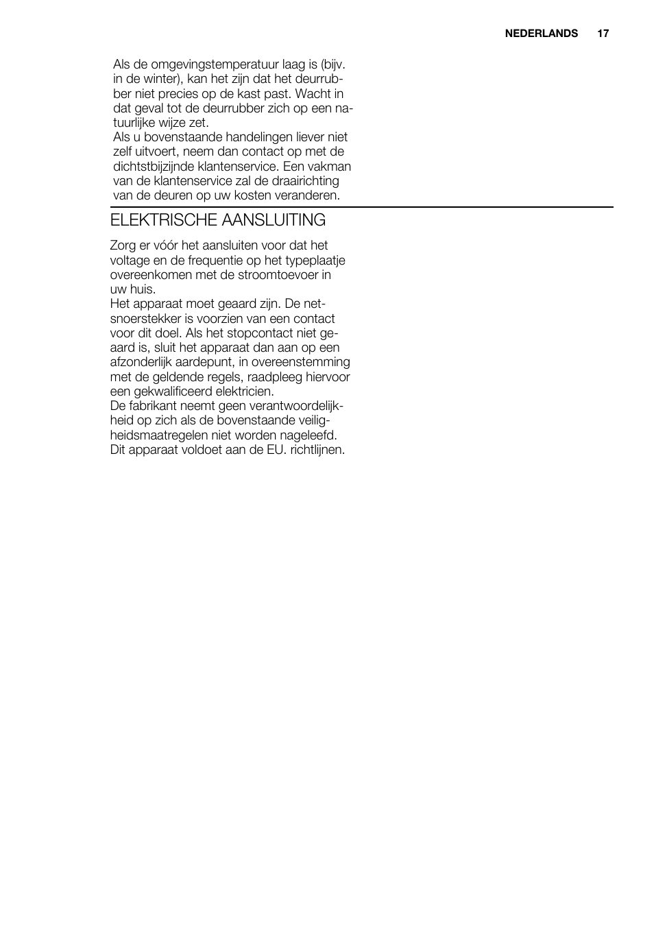 Elektrische aansluiting | Electrolux ERT1606AOW User Manual | Page 17 / 80