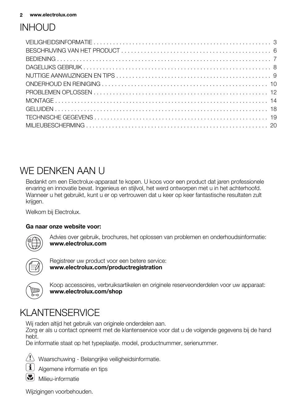 Inhoud, We denken aan u, Klantenservice | Electrolux ERT1606AOW User Manual | Page 2 / 80