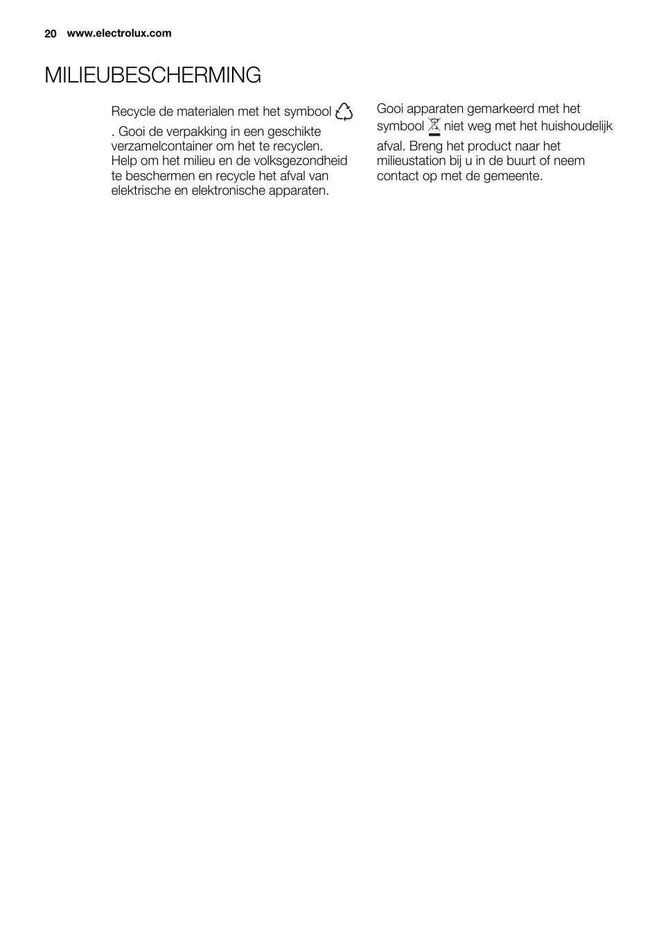 Milieubescherming | Electrolux ERT1606AOW User Manual | Page 20 / 80