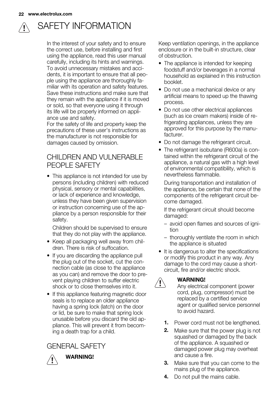 Safety information, Children and vulnerable people safety, General safety | Electrolux ERT1606AOW User Manual | Page 22 / 80