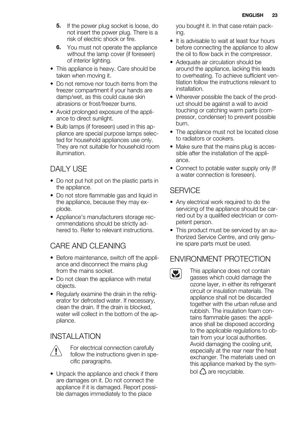 Daily use, Care and cleaning, Installation | Service, Environment protection | Electrolux ERT1606AOW User Manual | Page 23 / 80